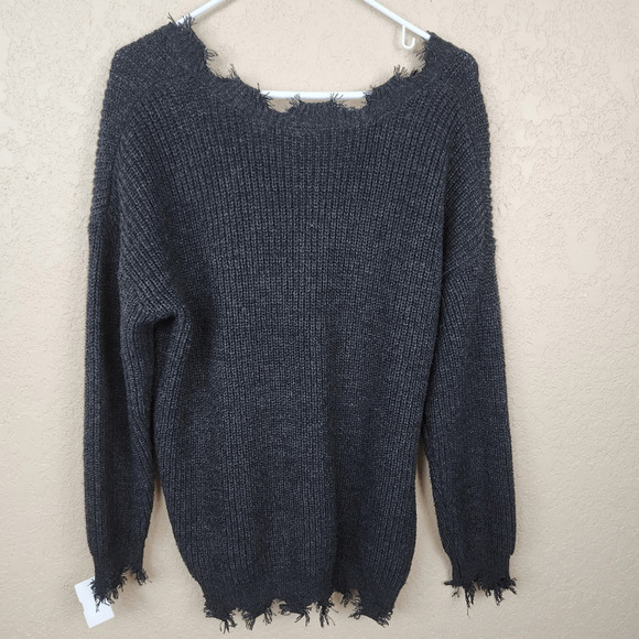 CY Fashions Black V Neck Sweater with Distressed Neckline and Hem Large (3559) - Picture 2 of 5